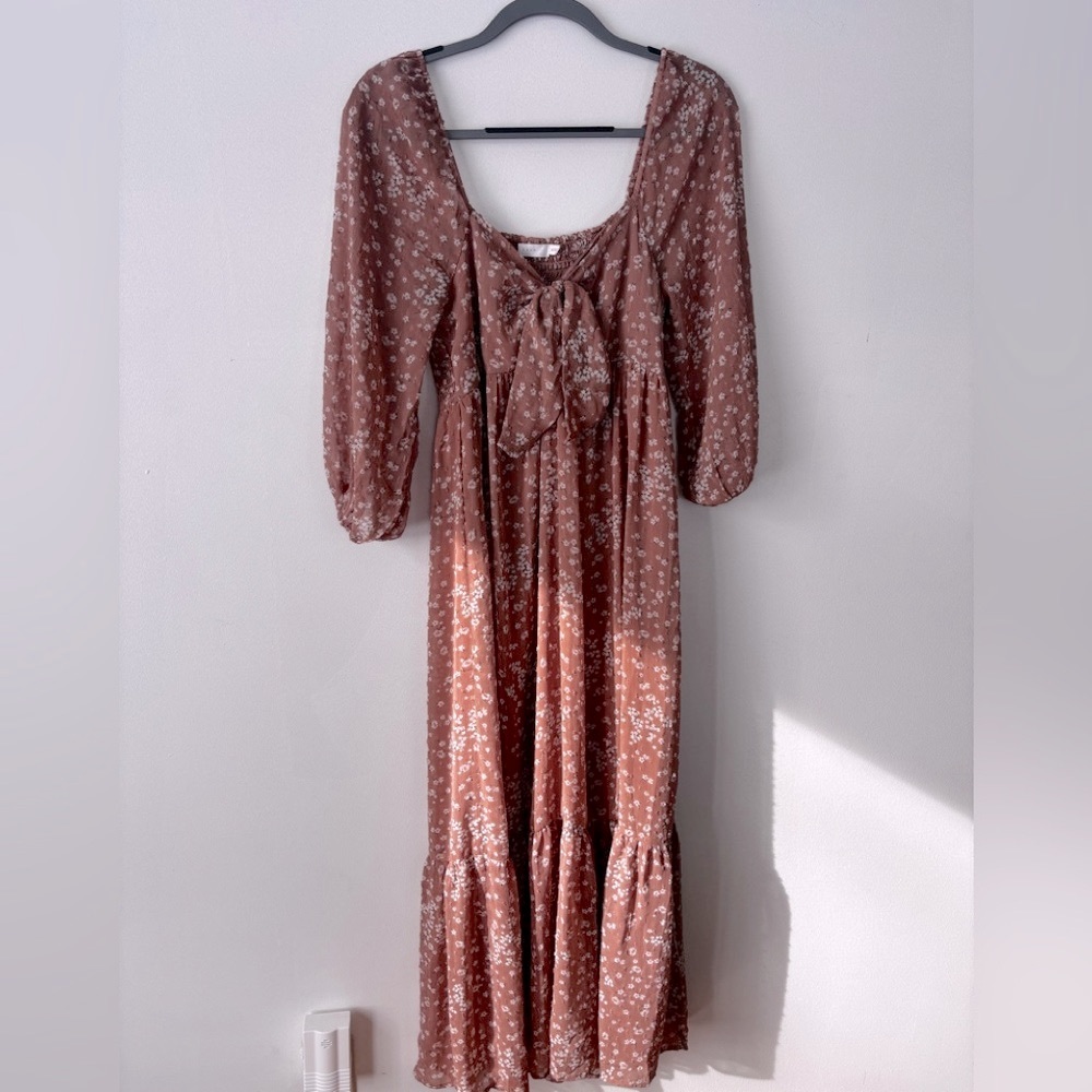 LUSH Caramel Floral Sheer Flowy Balloon Sleeve Ruffle Hem Maxi Dress, size M